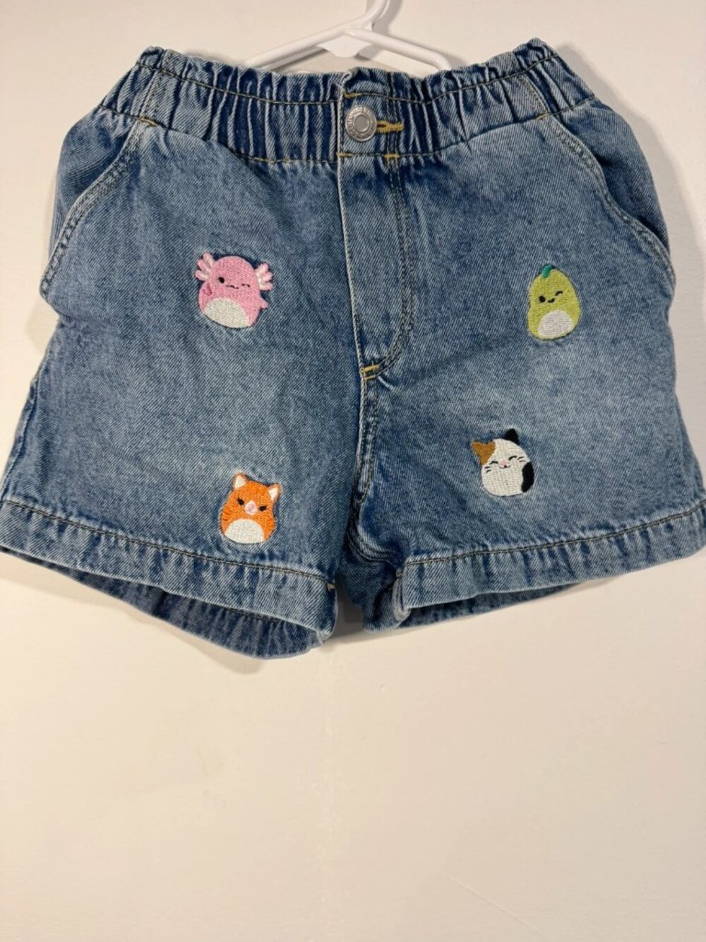 H&M Girls Blue Denim Shorts Elastic Waist Animal Patch Print Size 7Y